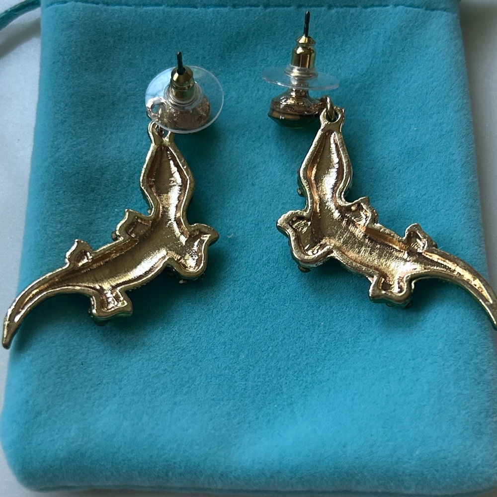 Sparkling whimsical Lizard Earrings with Green Crystals - Picture 4 of 4
